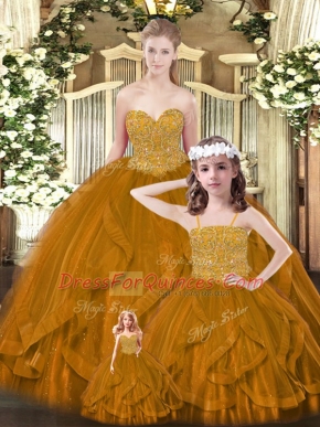 Excellent Rust Red Tulle Lace Up Sweetheart Sleeveless Floor Length Sweet 16 Quinceanera Dress Beading and Ruffles