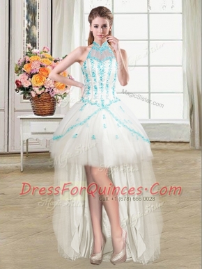 See Through White Ball Gowns Tulle Halter Top Sleeveless Beading and Ruffles High Low Lace Up Prom Dresses
