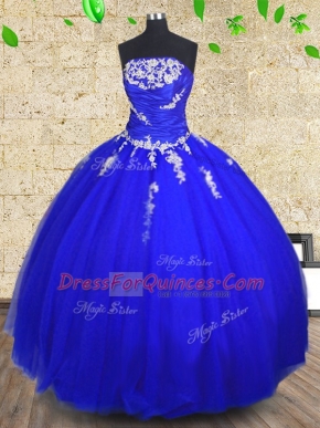 Tulle Strapless Sleeveless Lace Up Appliques and Ruching Sweet 16 Dress in Royal Blue