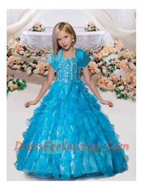 Beautiful Straps Ball Gown Baby Blue Little Girl Pageant Dress with Beading