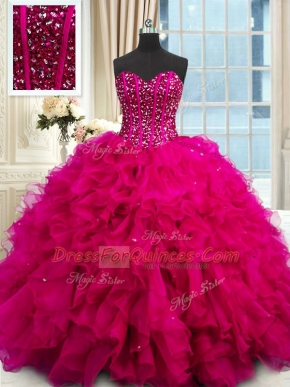 Fuchsia Lace Up Sweet 16 Dress Beading and Ruffles and Sequins Sleeveless Floor Length