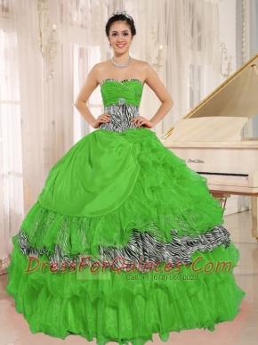 Wholesale Green Sweetheart Ruffles Quinceanera Dress With Zebra and Beading I