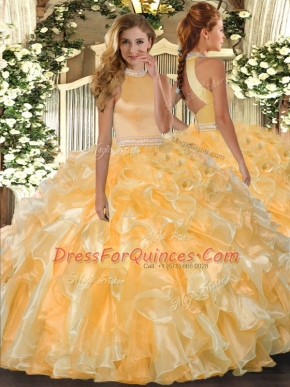 Super Gold Sleeveless Organza Backless 15th Birthday Dress for Military Ball and Sweet 16 and Quinceanera