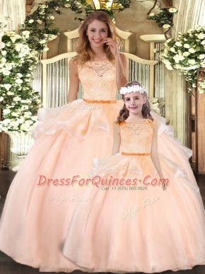 Lace 15 Quinceanera Dress Peach Zipper Sleeveless Floor Length