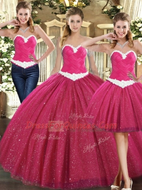 Floor Length Lace Up Ball Gown Prom Dress Fuchsia for Military Ball and Sweet 16 and Quinceanera with Ruching