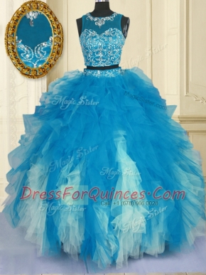Scoop Blue And White Tulle Zipper Ball Gown Prom Dress Sleeveless Floor Length Beading and Ruffles