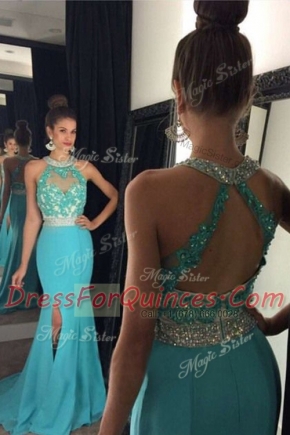 Nice Halter Top Beading and Appliques Prom Party Dress Aqua Blue Zipper Sleeveless With Brush Train