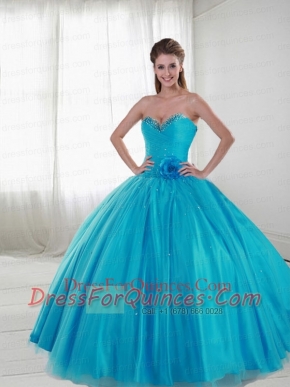 2014 New Style Sweetheart Aqua Blue Quinceanera Gown with Hand Made Flower and Beading