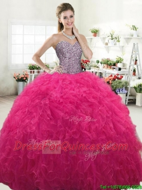 Perfect Hot Pink Tulle Sweet 16 Dress with Beading and Ruffles