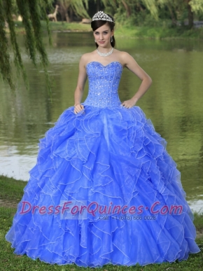 Beaded Ruffles Layered Decorate Famous Designer Quinceanera Dress With Sweetheart Blue Skirt