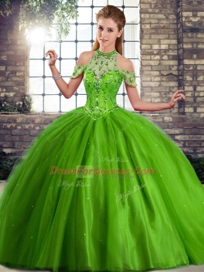 Wonderful Tulle Halter Top Sleeveless Brush Train Lace Up Beading Quince Ball Gowns in Green