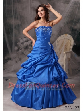Beautiful A-Line / Princess Strapless Long Taffeta Beading Sweet 16 Dresses in Blue
