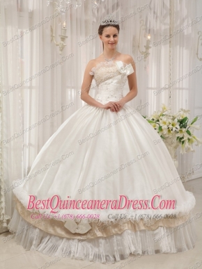 White Ball Gown Strapless Floor-length Taffeta Beading Quinceanera Dress