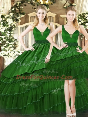 Edgy Tulle Straps Sleeveless Lace Up Beading and Ruffled Layers Sweet 16 Dresses in Dark Green