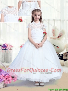 Simple High Neck Appliques Little Girl Dress with Tea Length