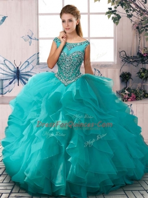Aqua Blue Scoop Zipper Beading and Ruffles Quinceanera Dress Sleeveless
