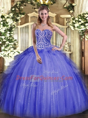 Blue Organza Lace Up Sweetheart Sleeveless Floor Length Sweet 16 Dresses Beading and Ruffles