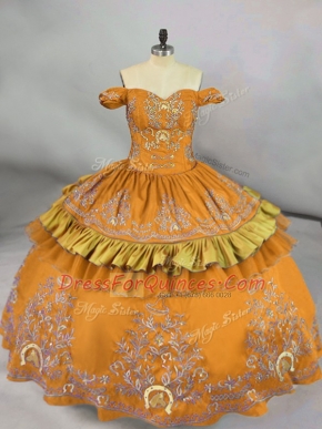 Sweet Floor Length Gold Quinceanera Dress Satin Sleeveless Embroidery