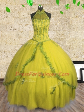Halter Top Yellow Sleeveless Beading Floor Length Quinceanera Dresses
