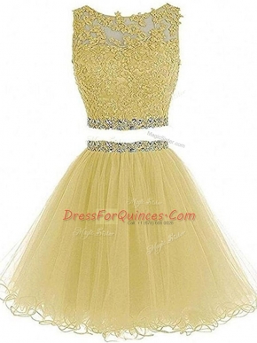 Gorgeous Yellow Tulle Zipper Sweetheart Sleeveless Mini Length Beading and Lace and Appliques