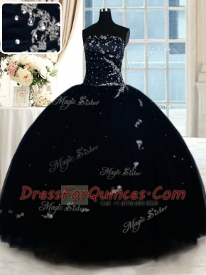 Navy Blue Ball Gowns Strapless Sleeveless Tulle Floor Length Lace Up Beading Quinceanera Dress