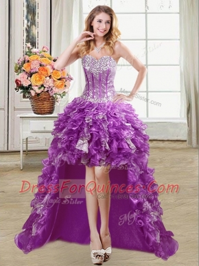 Purple Sweetheart Lace Up Ruffles and Sequins Prom Evening Gown Sleeveless