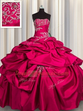 Free and Easy Hot Pink Strapless Lace Up Appliques and Pick Ups Quinceanera Gowns Sleeveless