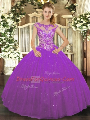 Sleeveless Floor Length Beading and Appliques Lace Up Sweet 16 Dresses with Eggplant Purple