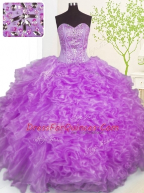 Purple Organza Lace Up Sweet 16 Quinceanera Dress Sleeveless Floor Length Beading and Ruffles and Pick Ups