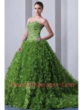 Beautiful Olive Green A-Line Sweetheart Brush Train  Organza Cheap Quinceanera Dresses