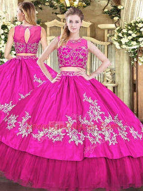 Sleeveless Tulle Floor Length Zipper 15 Quinceanera Dress in Hot Pink with Beading and Appliques