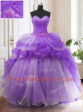 Smart Organza Sleeveless With Train Ball Gown Prom Dress Sweep Train and Beading and Ruffled Layers
