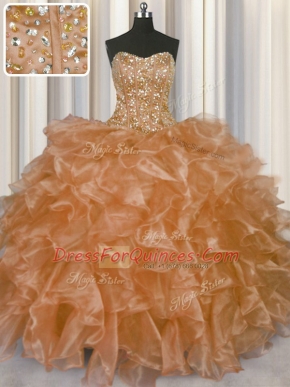 Visible Boning Ball Gowns Quinceanera Dress Champagne Strapless Organza Sleeveless Floor Length Lace Up