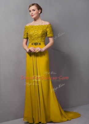 Noble Empire Short Sleeves Yellow Dress for Prom Sweep Train Zipper