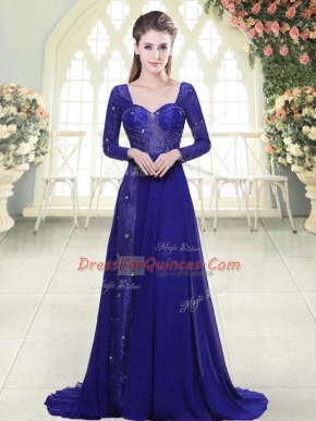 Royal Blue Backless Sweetheart Beading and Lace Prom Evening Gown Chiffon Long Sleeves Sweep Train