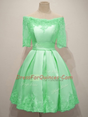 Apple Green Taffeta Lace Up Off The Shoulder Half Sleeves Knee Length Vestidos de Damas Lace