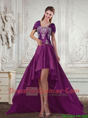 Dark Purple Cheap High Low Strapless Embroidery Prom Dresses for 2015 Spring