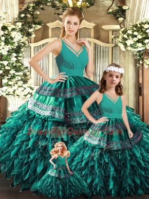 Pretty Turquoise Quinceanera Dresses Sweet 16 and Quinceanera with Appliques and Ruffles V-neck Sleeveless Backless