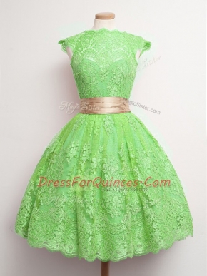 Cap Sleeves Knee Length Belt Lace Up Quinceanera Court Dresses with Green