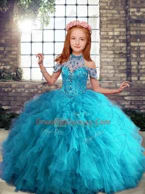 Gorgeous Aqua Blue Sleeveless Beading and Ruffles Floor Length Little Girls Pageant Dress Wholesale