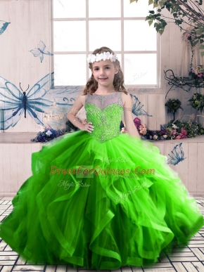 Sleeveless Tulle Floor Length Lace Up Evening Gowns in with Beading and Ruffles