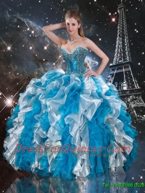 2016 Delicate White and Blue Quinceanera Gowns with Beading and Ruffles