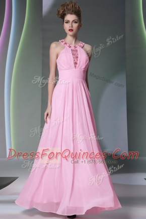 Captivating Rose Pink Chiffon Side Zipper Halter Top Sleeveless Floor Length Prom Evening Gown Beading