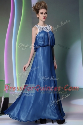 Scoop Navy Blue Sleeveless Floor Length Beading Zipper Prom Dresses