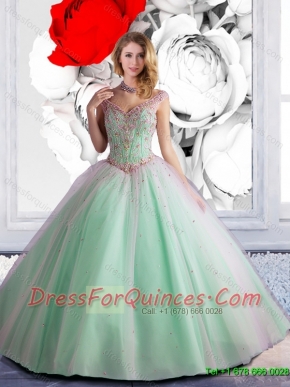 2015 Summer Elegant Off The Shoulder Beaded Sweet 16 Dress in Apple Green