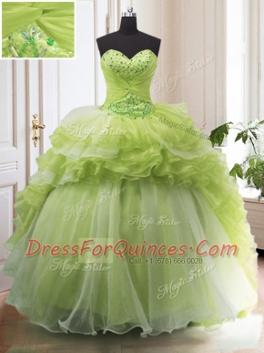 Yellow Green Organza Lace Up Sweetheart Sleeveless With Train 15 Quinceanera Dress Sweep Train Beading and Ruffled Layers