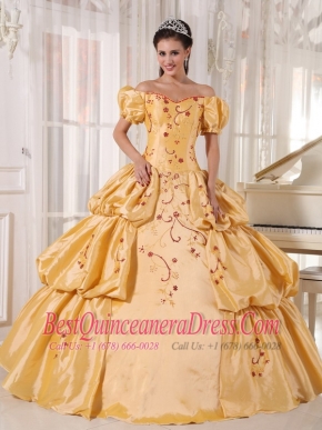 Gold Ball Gown Off The Shoulder Floor-length Taffeta Embroidery Quinceanera Dress