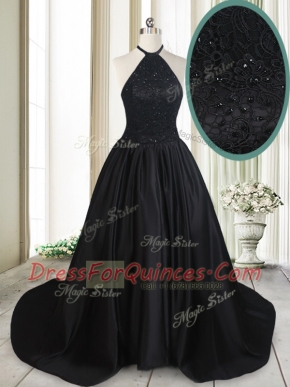 Nice Halter Top Black Sleeveless Brush Train Beading and Lace Prom Evening Gown