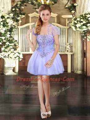 Lavender Ball Gowns Strapless Sleeveless Organza Mini Length Lace Up Beading and Lace Prom Party Dress