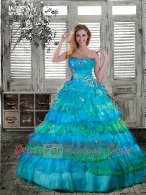 Lovely Strapless Turquoise Quinceanera Gown with Appliques